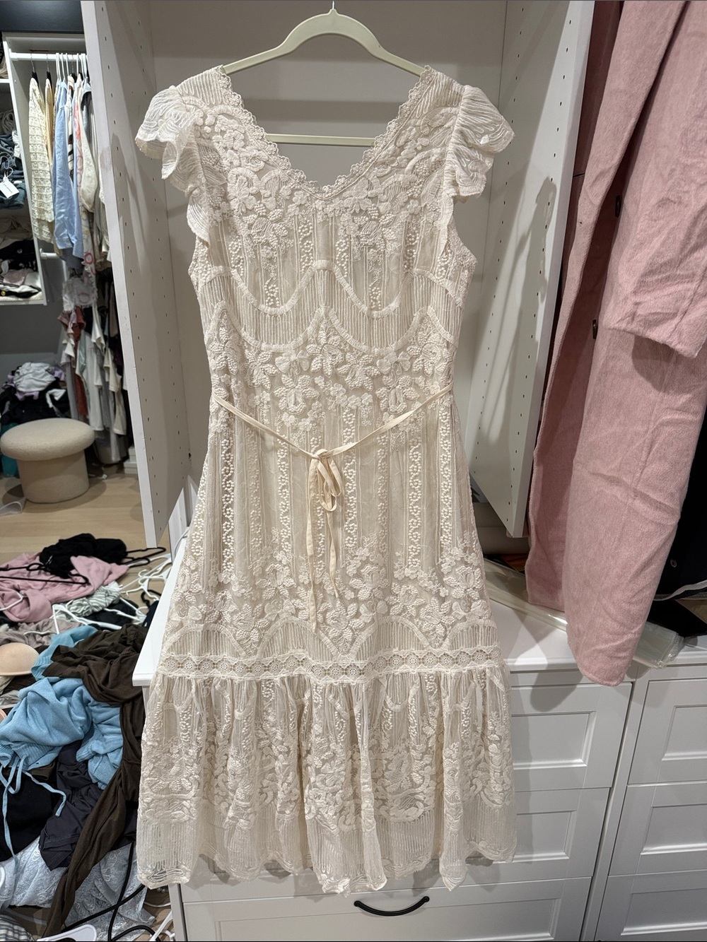 Lace-Embroidered Cream Midi Dress with Tie Waist